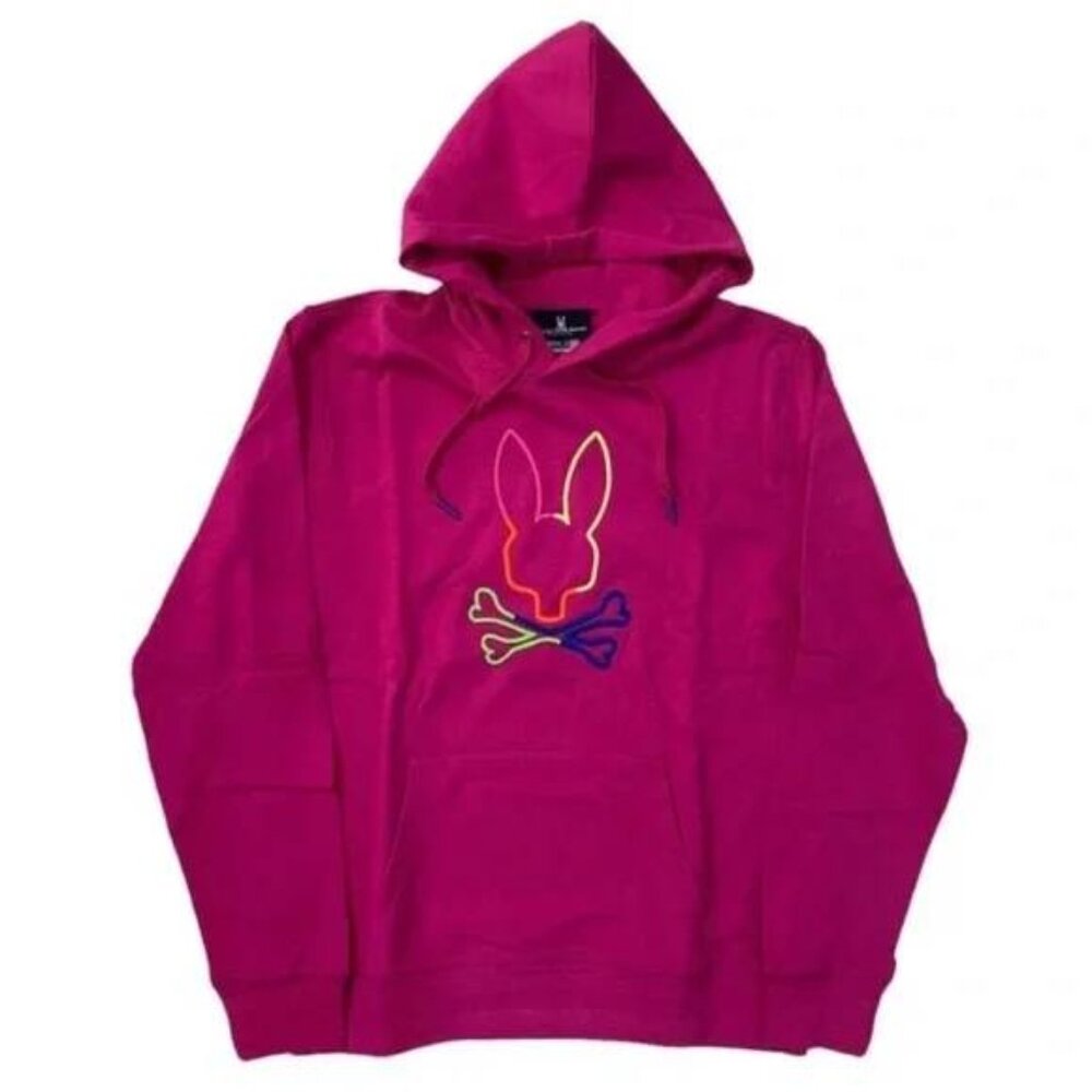 Psycho Bunny Embroidered Leo Bunny Pull Over Hoodie Sweatshirt in Magenta pink
